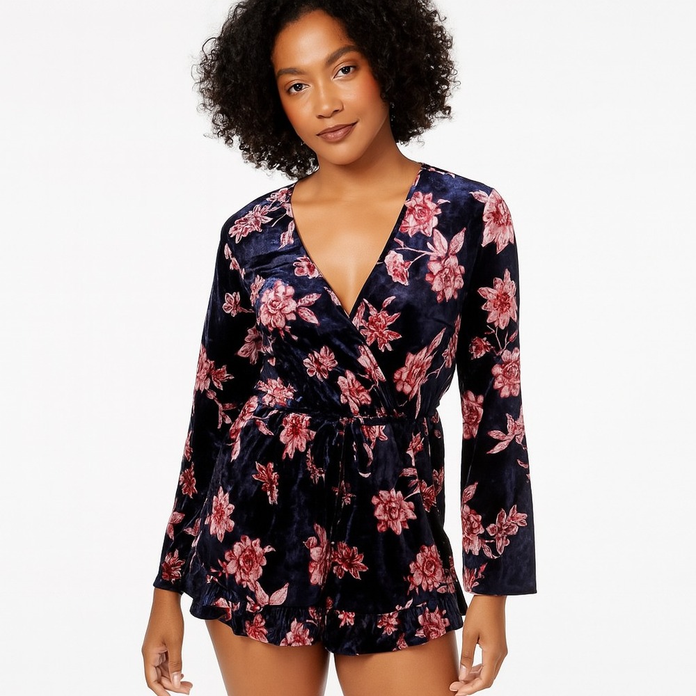 Be Bop Velvet Floral Print Romper Navy Women's Size S Pink Flowers